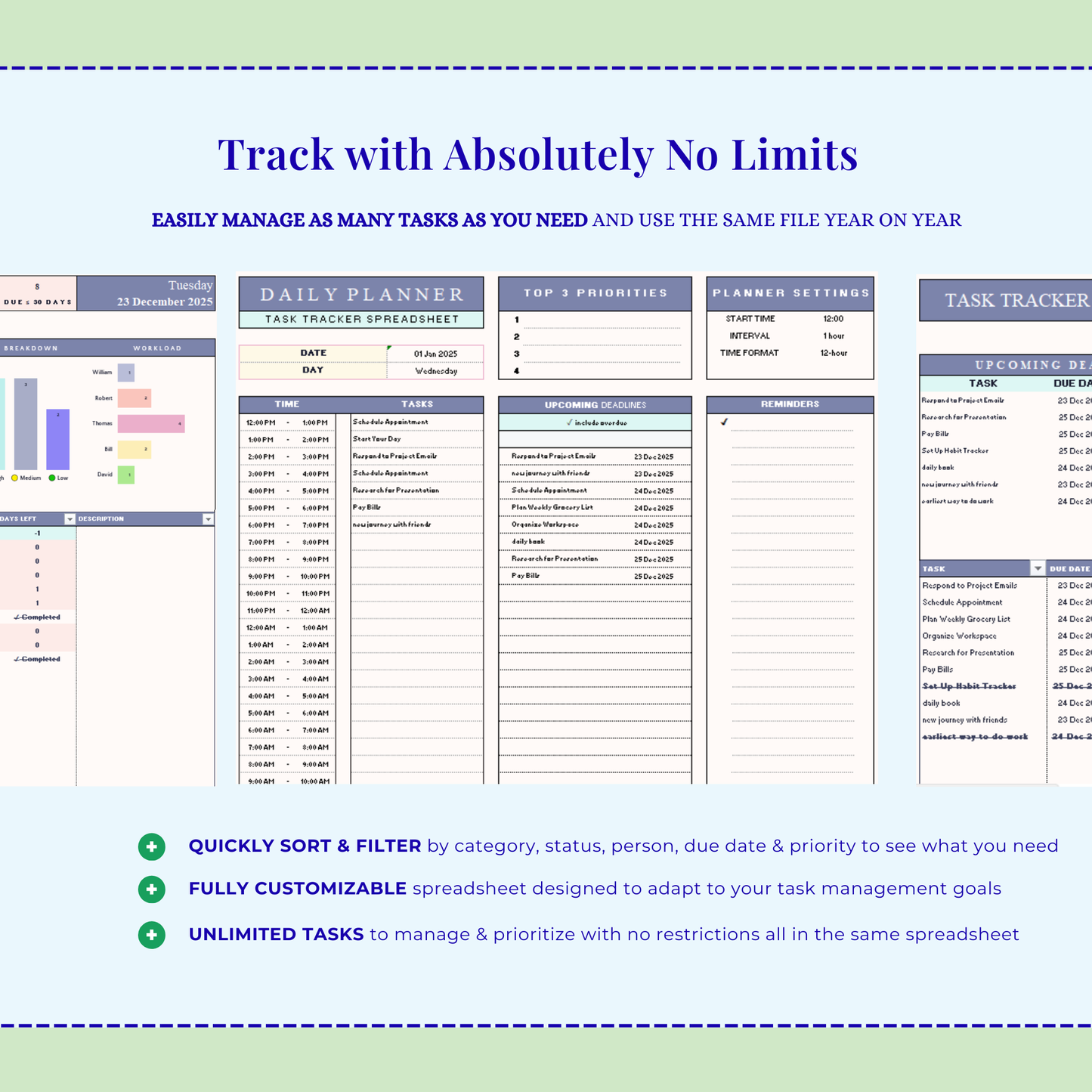 Excel Task Tracker Spreadsheet To Do List Google Sheets Daily Task Management Project Manager Eisenhower Matrix Kanban Board Light Mode