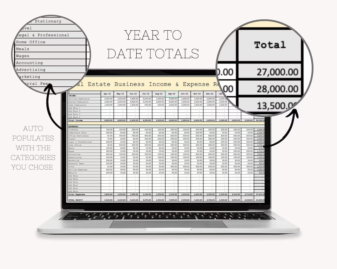 Real Estate Income and Expenses Bookkeeping Spreadsheet, Real Estate & Estate Agent Expense Tracker Spreadsheet, Income Tracker