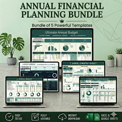 Annual Financial Planning Bundle | Annual Budget, Monthly Budget, Budget Dashboard & Excel Paycheck Budget Templates