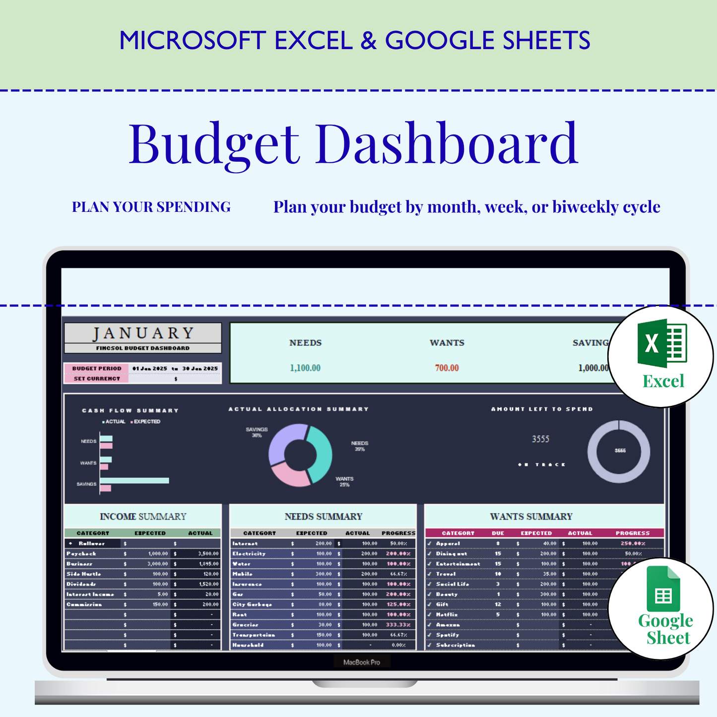 50/30/20 Budget Planner, Google Sheets & Excel Monthly Budget Spreadsheet, Paycheck Budget Template,Weekly Budget Tracker,70/20/10 Budgeting