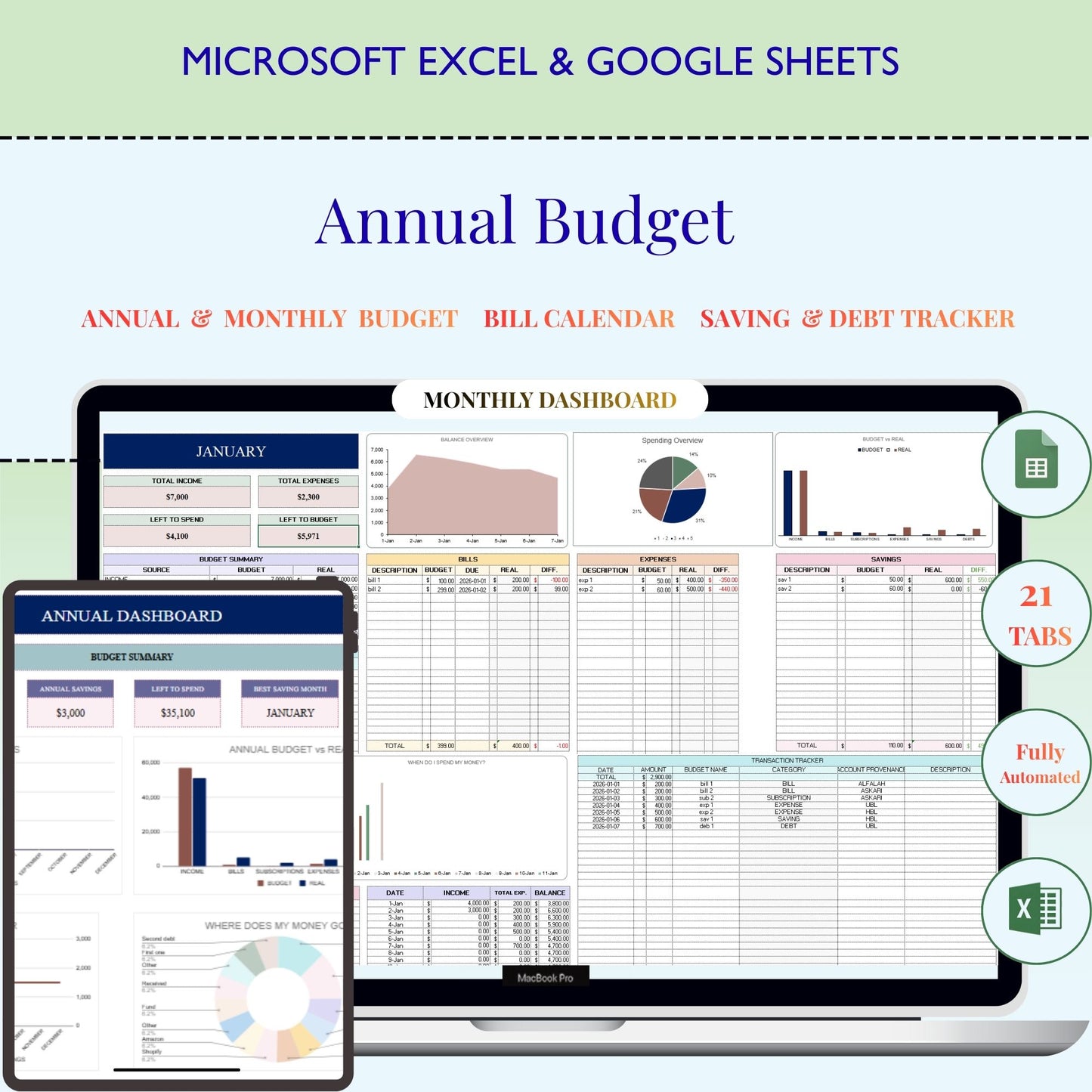 Annual Financial Planning Bundle | Annual Budget, Monthly Budget, Budget Dashboard & Excel Paycheck Budget Templates