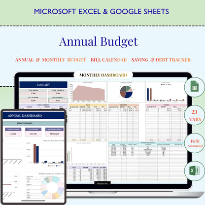 Annual Financial Planning Bundle | Annual Budget, Monthly Budget, Budget Dashboard & Excel Paycheck Budget Templates