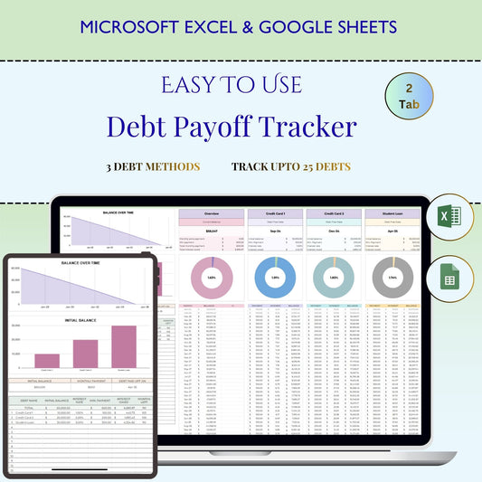 Debt Payoff Tracker Spreadsheet | Debt Snowball & Avalanche Calculator | Google Sheets Credit Card Loan Debt Template | Financial Planner