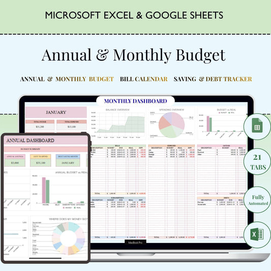 Automated Annual & Monthly Budget Template | Excel & Sheets