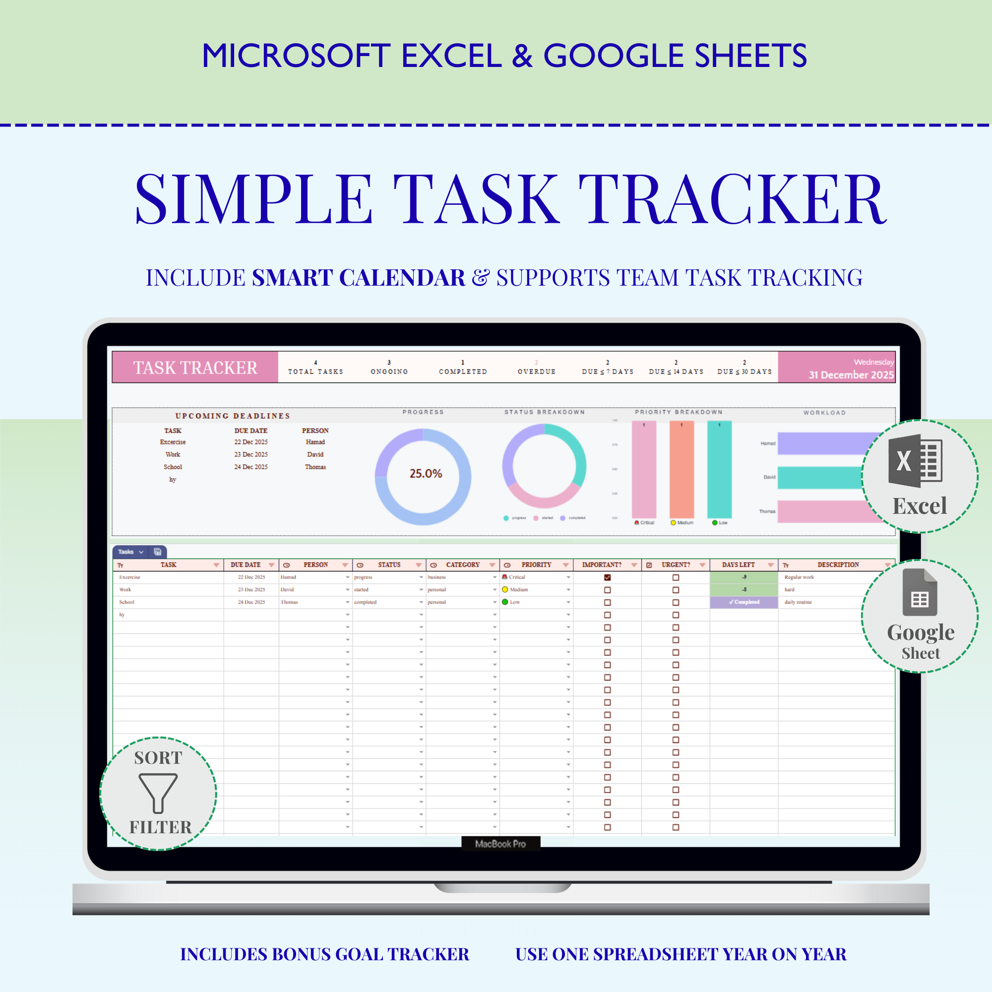 Task Tracker & Work Planner | Excel & Google Sheets Template