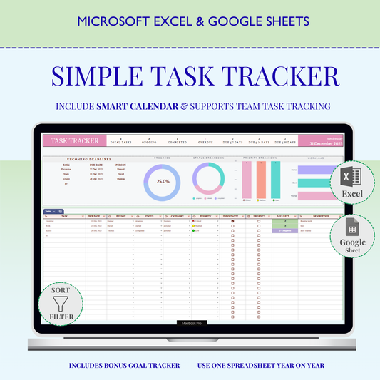 Task Tracker Excel & Google Sheets | Productivity Tracker | To Do List Task Manager | Small Business Work Planner Calendar Template