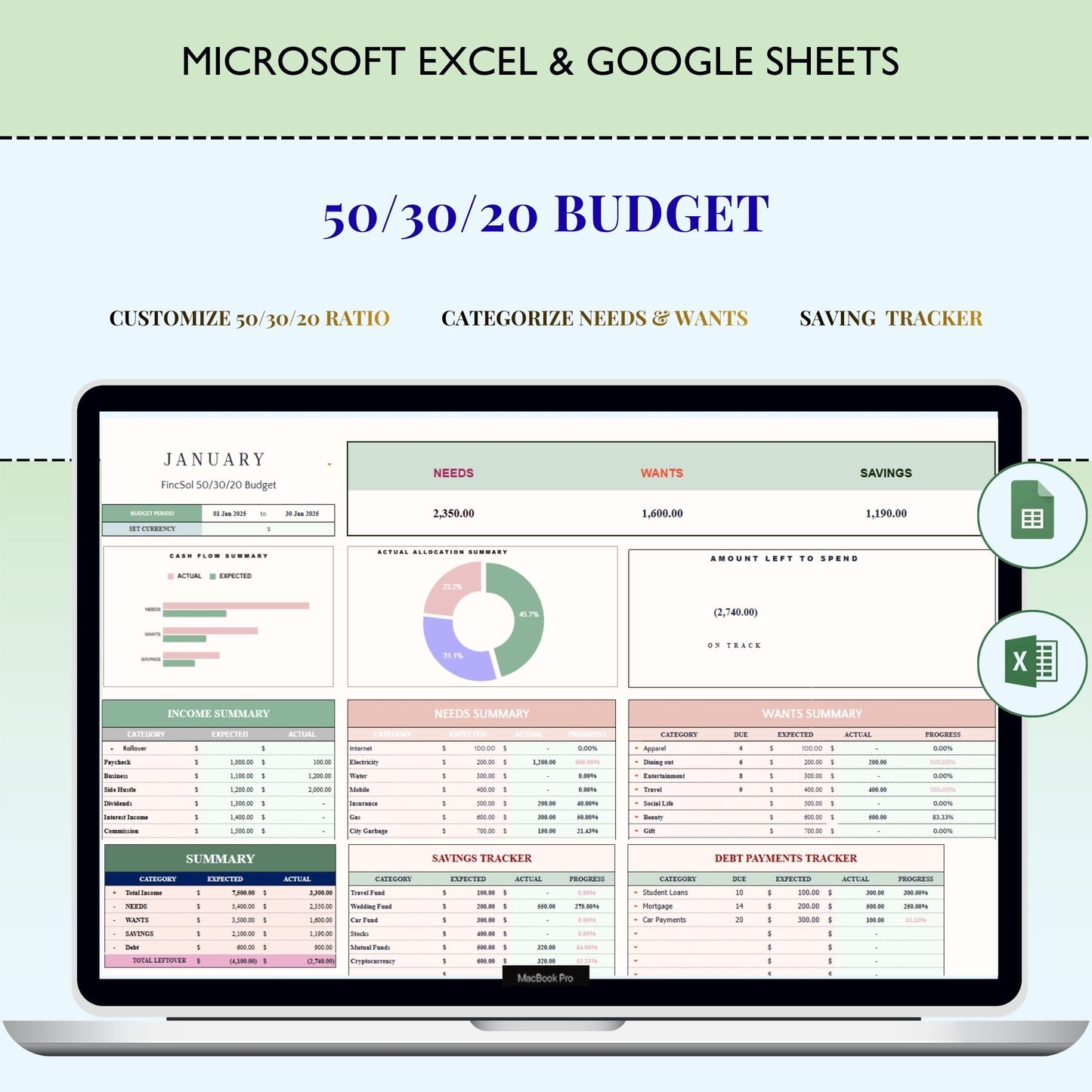 50/30/20 & 70/20/10 Budget Template for Excel & Google Sheets