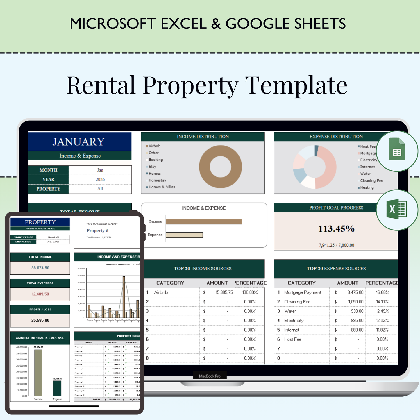 Rental Property Calculator Spreadsheet | Investment Property Analysis, Mortgage Calculator, Airbnb Real Estate ROI Cap Rate