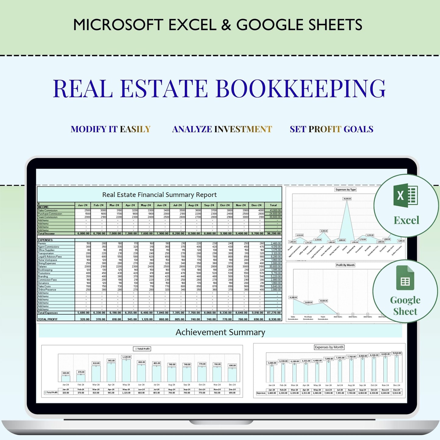 Real Estate Income and Expenses Bookkeeping Spreadsheet, Real Estate & Estate Agent Expense Tracker Spreadsheet, Income Tracker