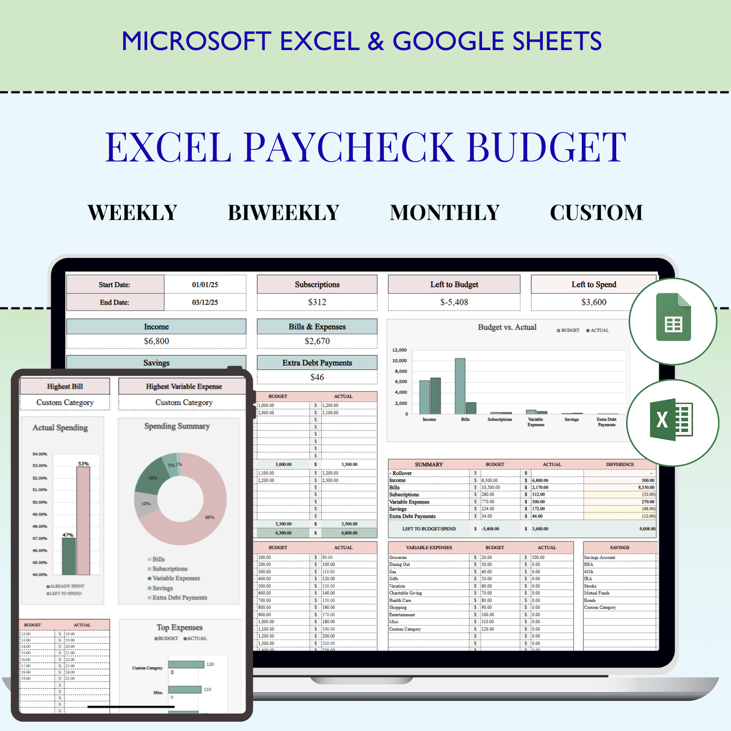 Excel Paycheck Budget Spreadsheet & Google Sheets Budget Template – Paycheck by Paycheck Budget Planner, Personal Finance Tracker