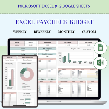 Excel Paycheck Budget Spreadsheet & Google Sheets Budget Template – Paycheck by Paycheck Budget Planner, Personal Finance Tracker