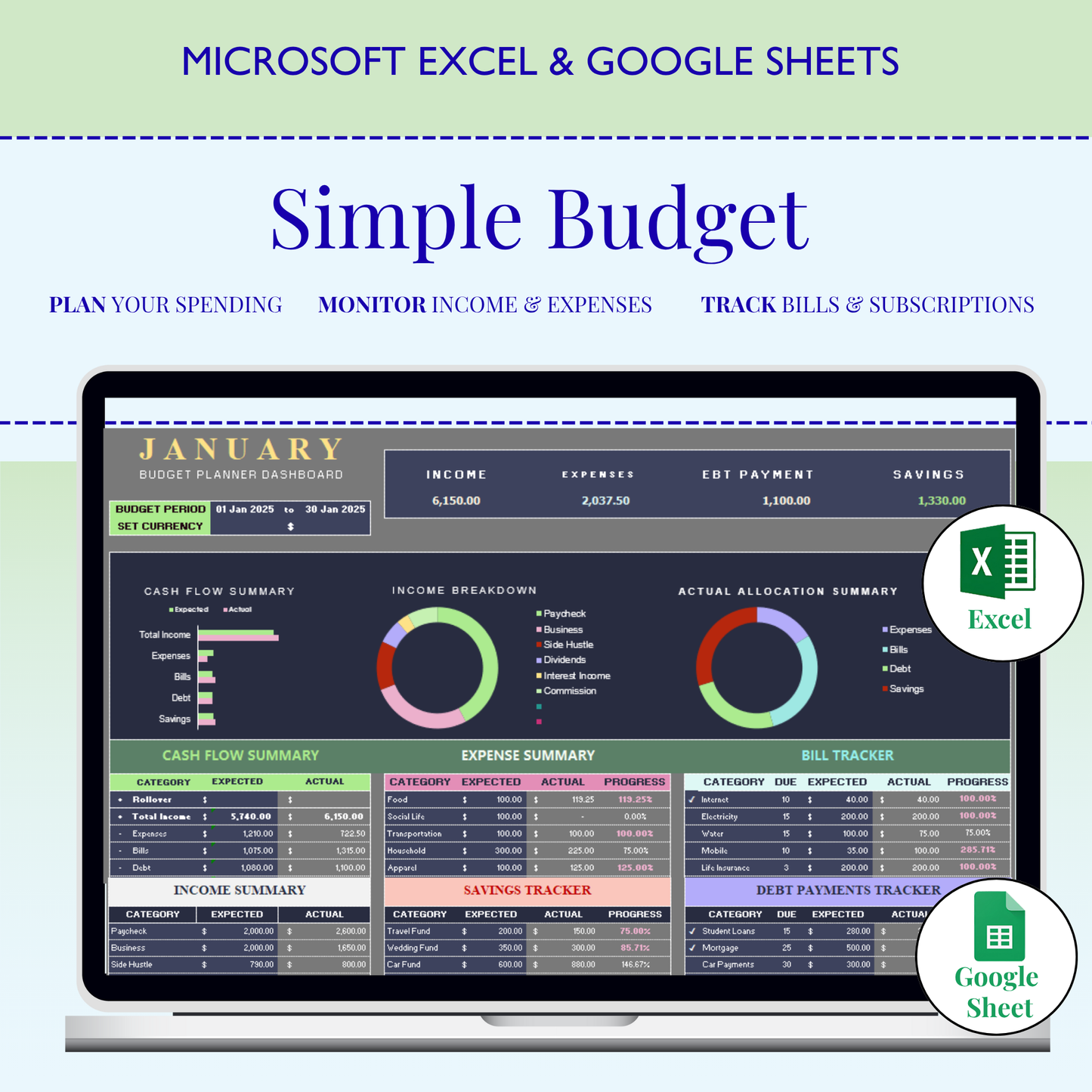 Simple Budget Planner | Excel & Google Sheets
