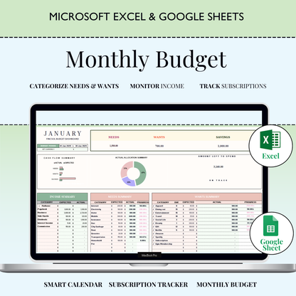 50/30/20 Budget Template | Monthly Excel & Google Sheets