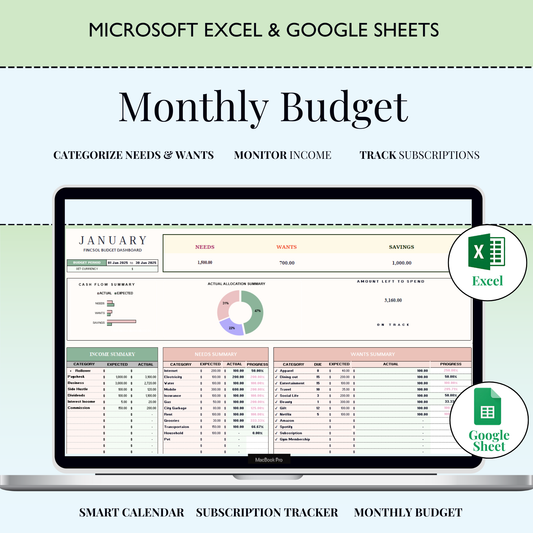 50/30/20 Budget Template | Monthly Excel & Google Sheets