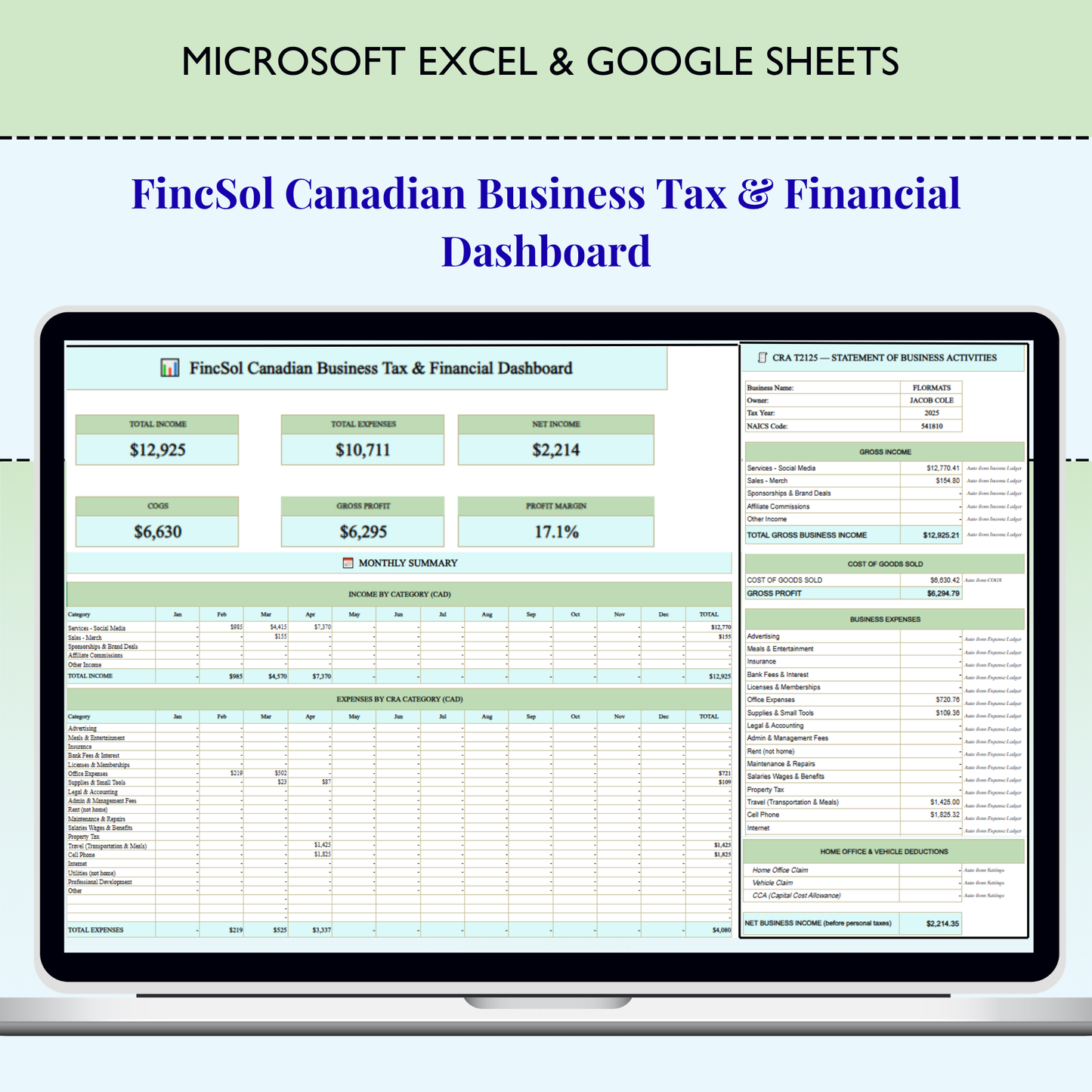 Canadian Business Tax Dashboard Excel Template | CRA T2125 Bookkeeping, Income Expense Tracker & KPI Dashboard
