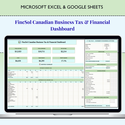 Canadian Business Tax Dashboard Excel Template | CRA T2125 Bookkeeping, Income Expense Tracker & KPI Dashboard