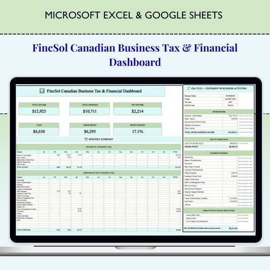Canadian Business Tax Dashboard Excel Template | CRA T2125 Bookkeeping, Income Expense Tracker & KPI Dashboard