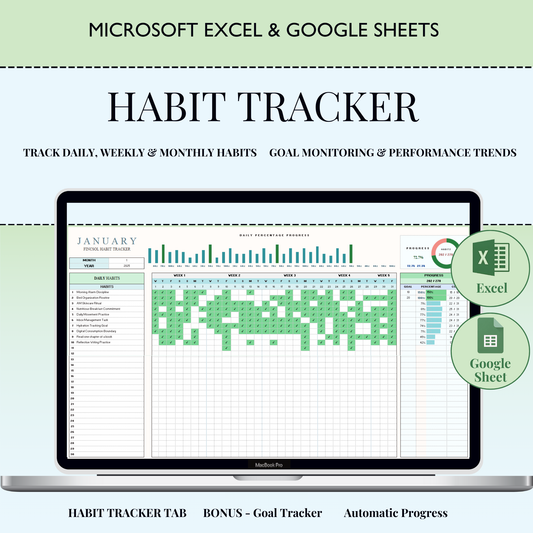 Habit Tracker Spreadsheet for Google Sheets & Excel, Daily Habit Planner, Weekly Goals, Monthly Routine