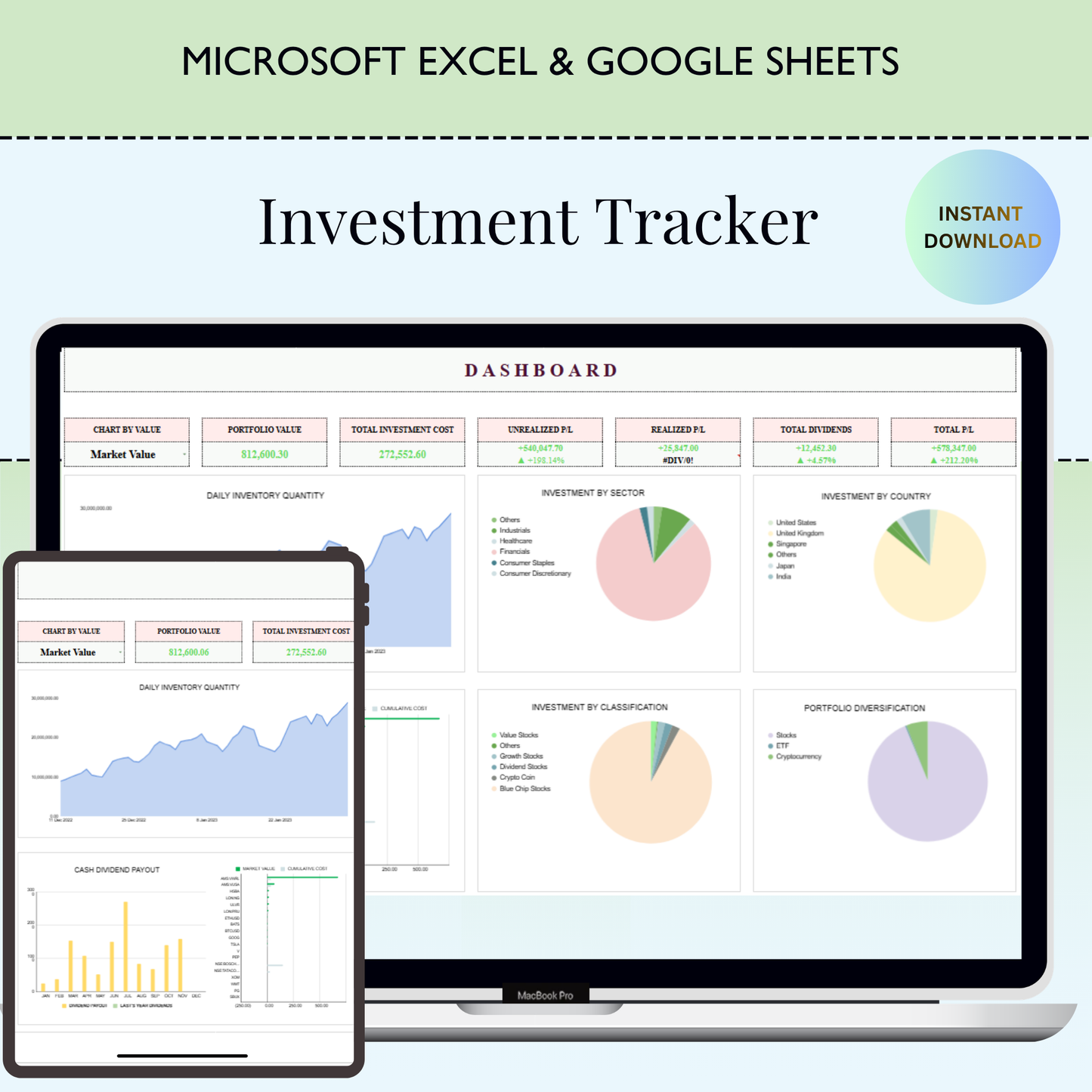 Investment Tracker Spreadsheet, Stock Portfolio & Crypto Tracker