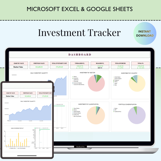 Investment Tracker Spreadsheet, Stock Portfolio & Crypto Tracker, Google Sheets Trading Journal, Personal Finance Planner Dashboard
