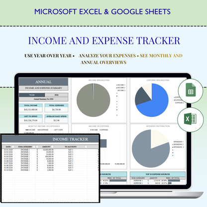 Excel Income and Expense Tracker | Google Sheets Monthly Expenses Spreadsheet | Profit and Loss Bookkeeping Template | Financial Planner