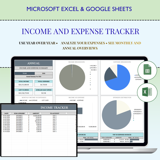 Excel Income and Expense Tracker | Google Sheets Monthly Expenses Spreadsheet | Profit and Loss Bookkeeping Template | Financial Planner