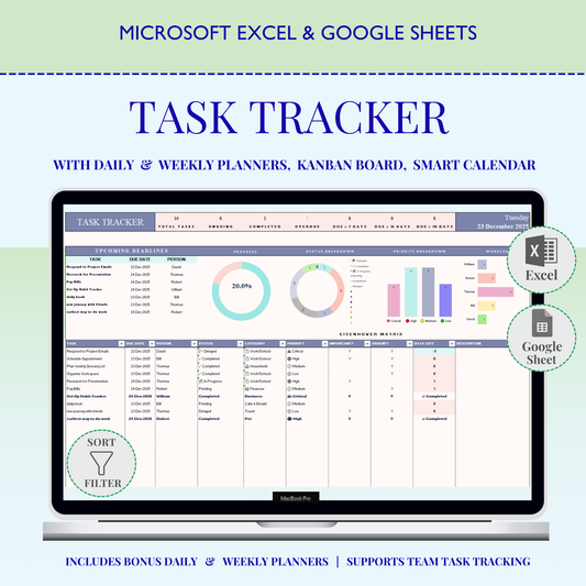 Excel Task Tracker Spreadsheet To Do List Google Sheets Daily Task Management Project Manager Eisenhower Matrix Kanban Board Light Mode