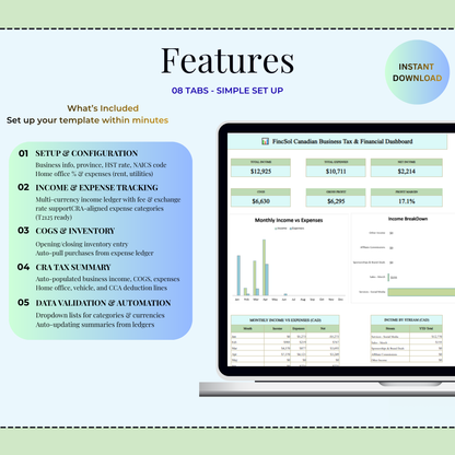 Canadian Business Tax Dashboard Excel Template | CRA T2125 Bookkeeping, Income Expense Tracker & KPI Dashboard