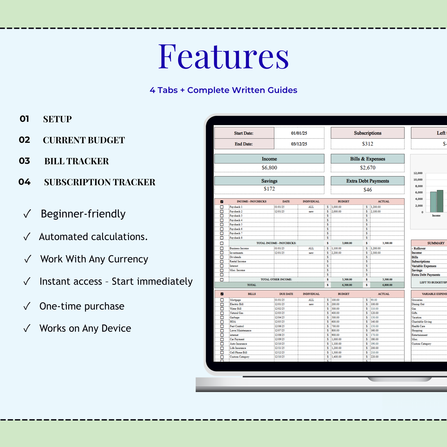Excel Paycheck Budget Spreadsheet & Google Sheets Budget Template – Paycheck by Paycheck Budget Planner, Personal Finance Tracker