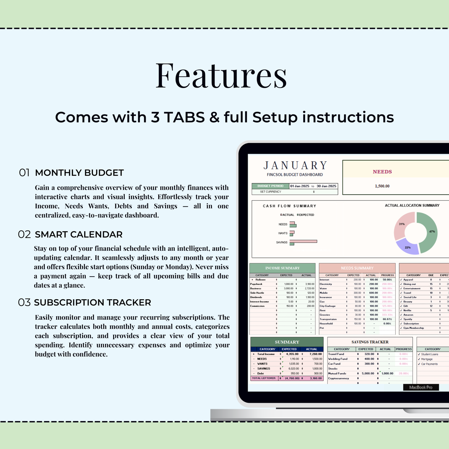 50/30/20 Budget Template | Monthly Excel & Google Sheets