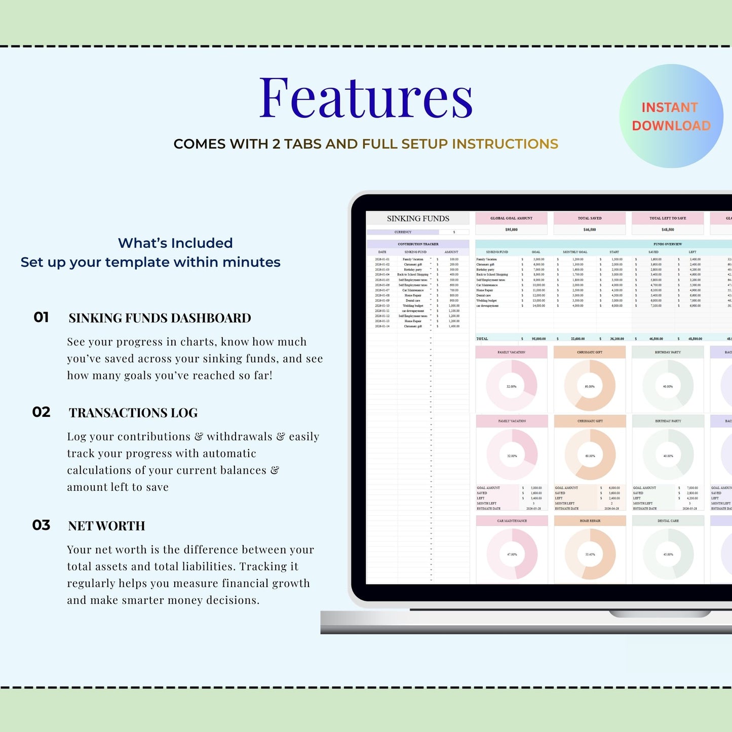 Sinking Funds Tracker Spreadsheet Excel Budget Template | Google Sheets Savings Tracker Personal Finance Planner | Cash Savings Spreadsheet