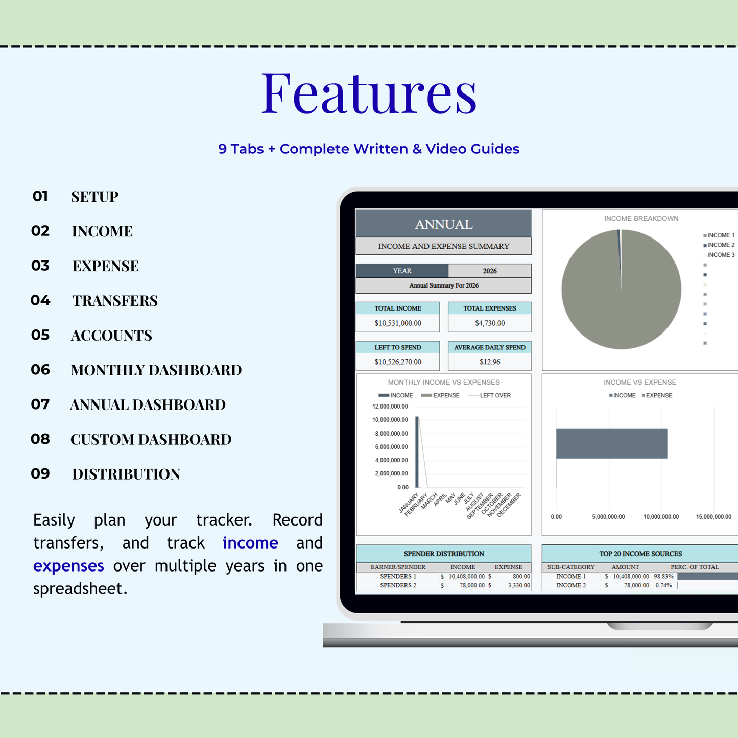 Excel Income and Expense Tracker | Google Sheets Monthly Expenses Spreadsheet | Profit and Loss Bookkeeping Template | Financial Planner