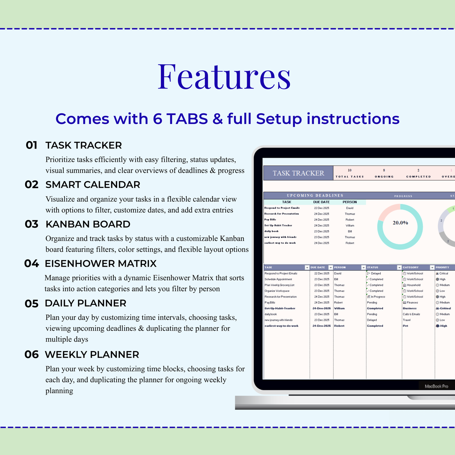 Excel Task Tracker Spreadsheet To Do List Google Sheets Daily Task Management Project Manager Eisenhower Matrix Kanban Board Light Mode
