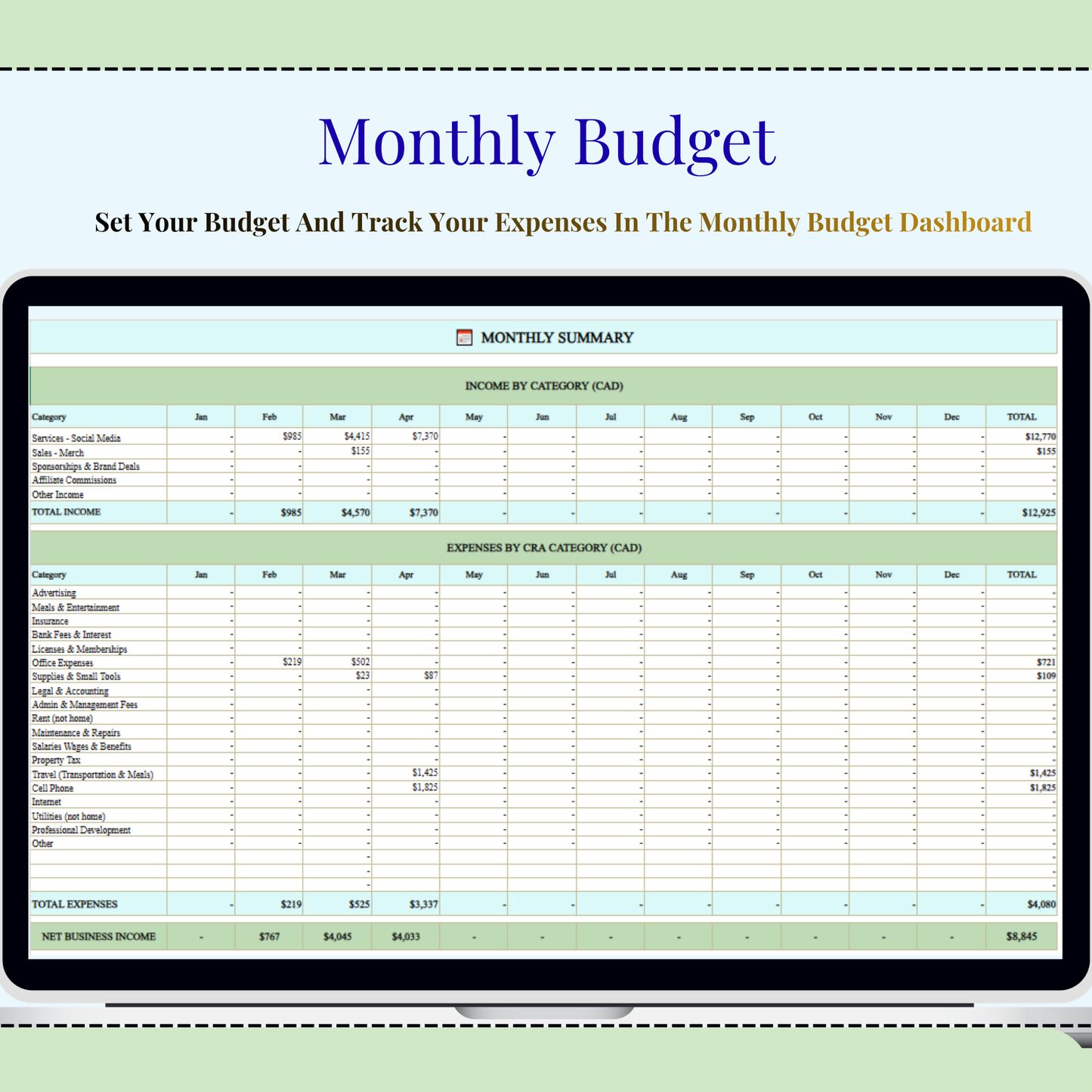 Canadian Business Tax Dashboard Excel Template | CRA T2125 Bookkeeping, Income Expense Tracker & KPI Dashboard