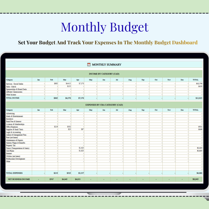 Canadian Business Tax Dashboard Excel Template | CRA T2125 Bookkeeping, Income Expense Tracker & KPI Dashboard