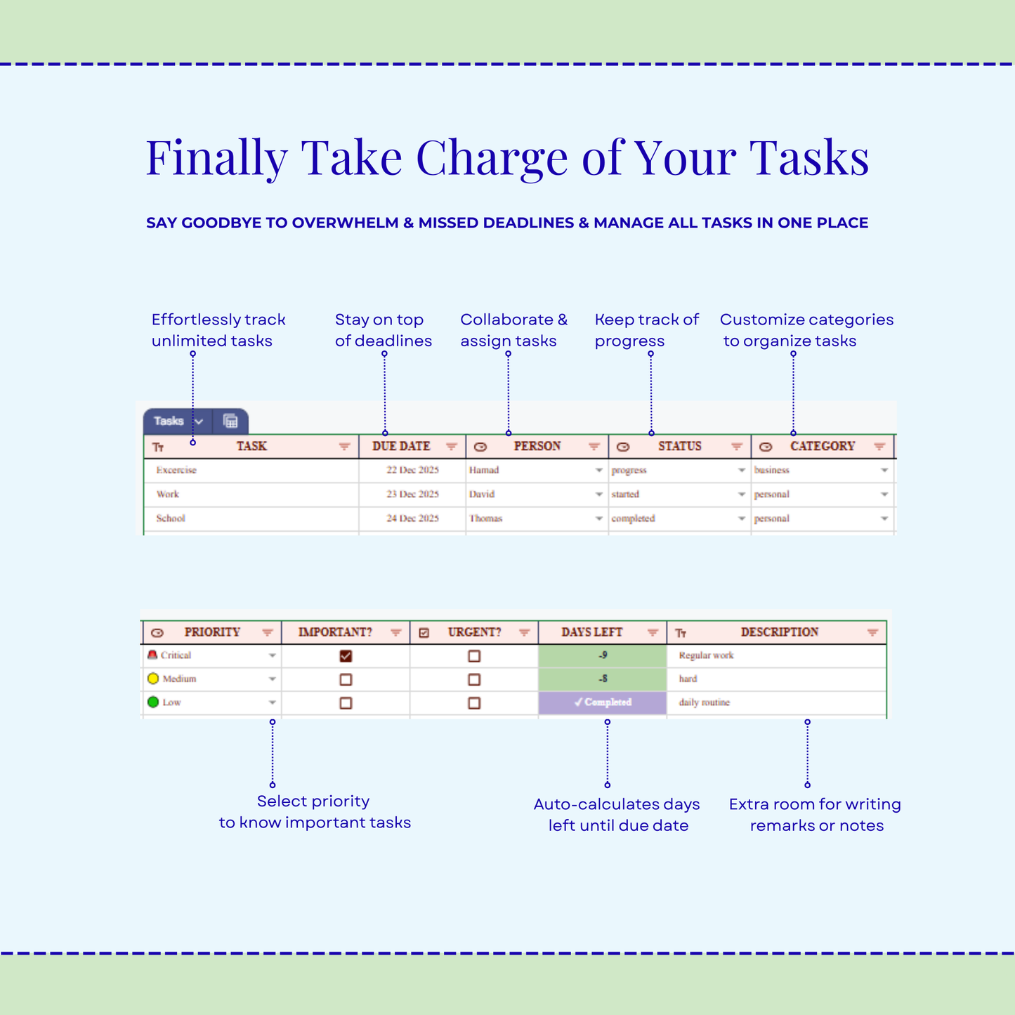 Task Tracker Excel & Google Sheets | Productivity Tracker | To Do List Task Manager | Small Business Work Planner Calendar Template