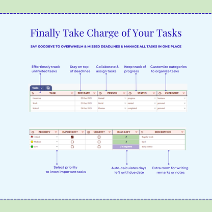 Task Tracker & Work Planner | Excel & Google Sheets Template