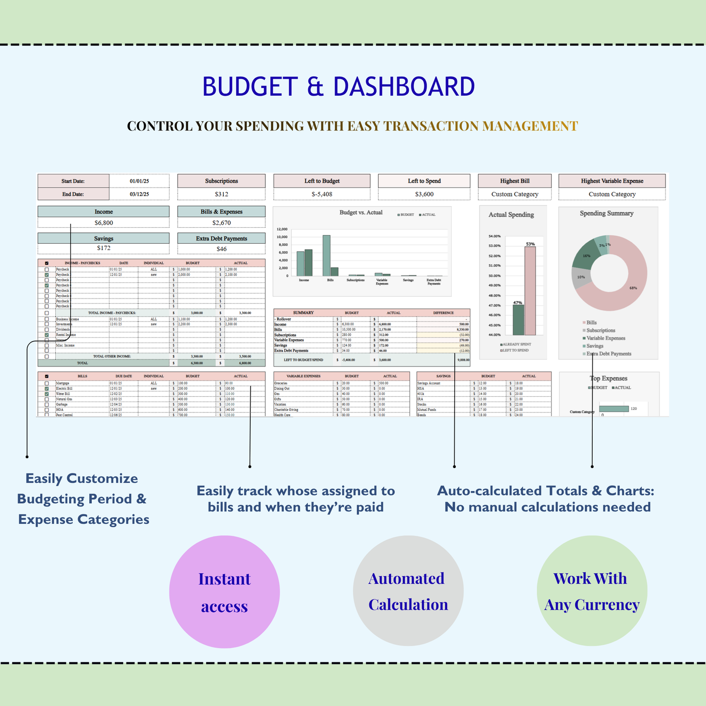 Excel Paycheck Budget Spreadsheet & Google Sheets Budget Template – Paycheck by Paycheck Budget Planner, Personal Finance Tracker