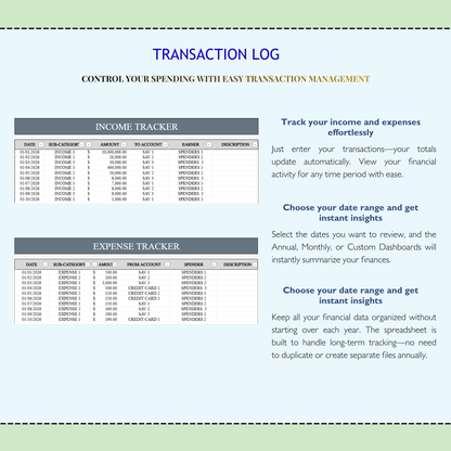 Excel Income and Expense Tracker | Google Sheets Monthly Expenses Spreadsheet | Profit and Loss Bookkeeping Template | Financial Planner