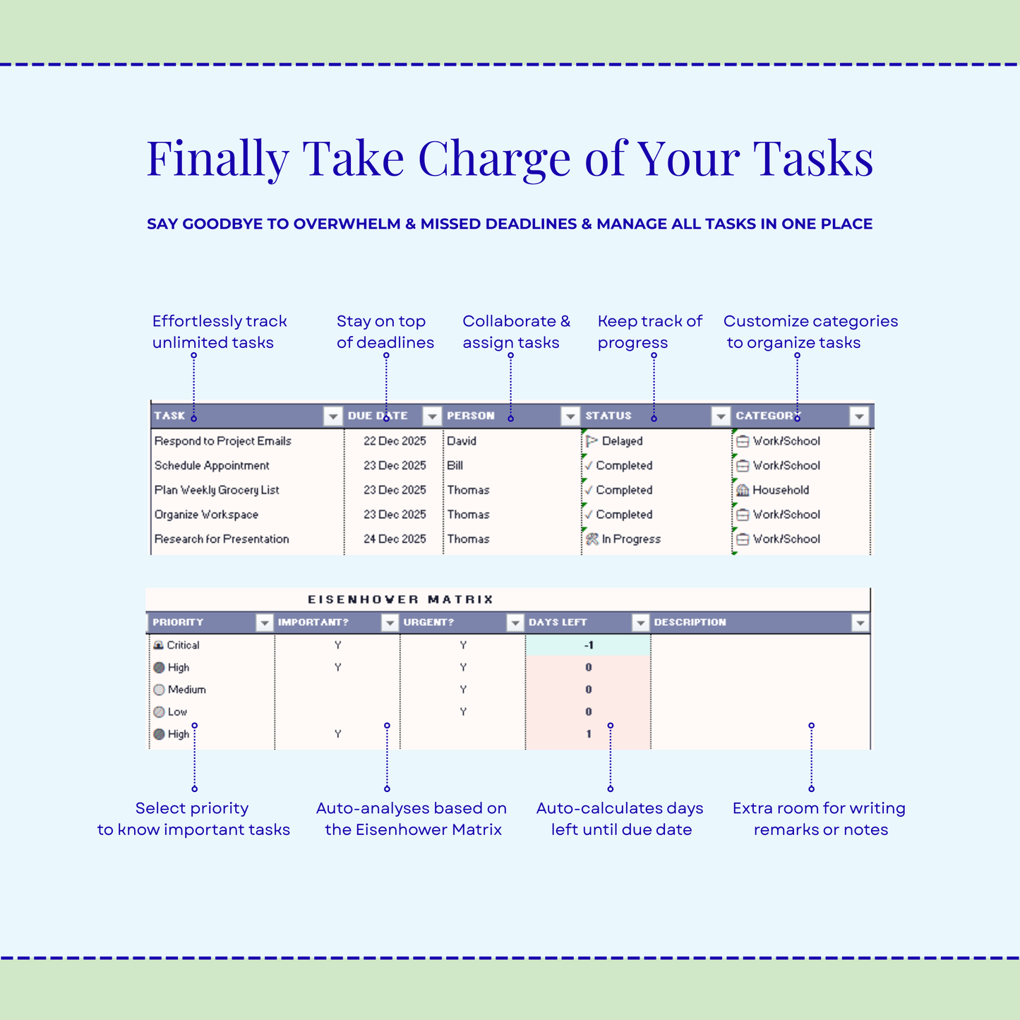 Excel Task Tracker Spreadsheet To Do List Google Sheets Daily Task Management Project Manager Eisenhower Matrix Kanban Board Light Mode