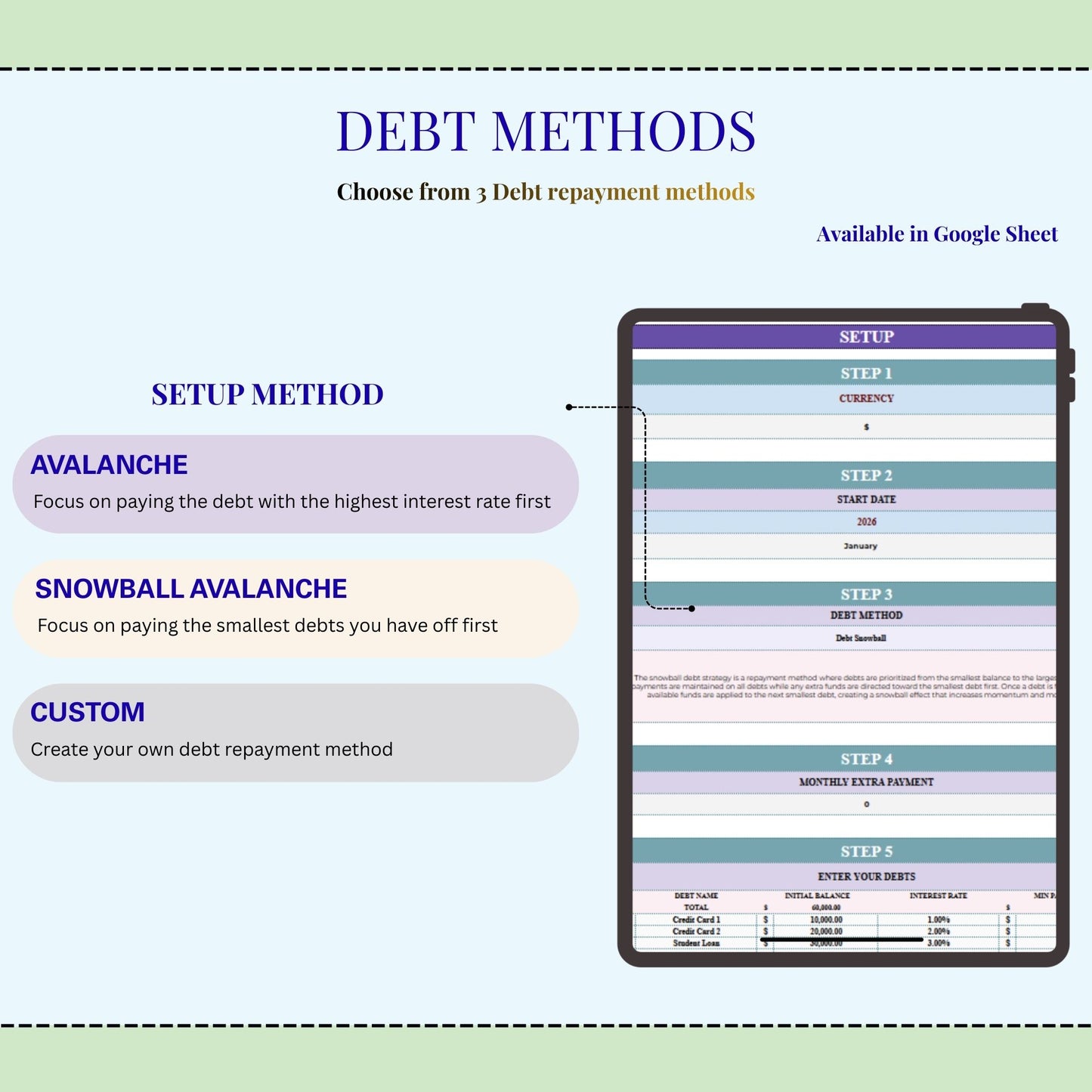 Debt Payoff Tracker Spreadsheet | Debt Snowball & Avalanche Calculator | Google Sheets Credit Card Loan Debt Template | Financial Planner
