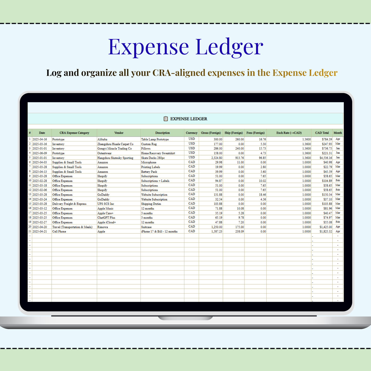 Canadian Business Tax Dashboard Excel Template | CRA T2125 Bookkeeping, Income Expense Tracker & KPI Dashboard