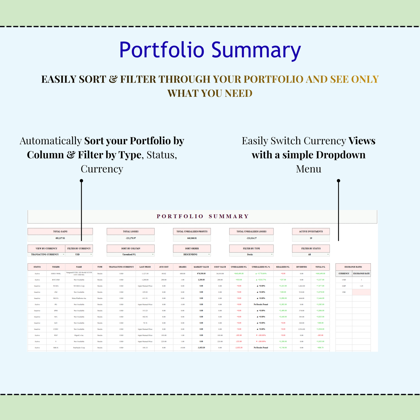 Investment Tracker Spreadsheet, Stock Portfolio & Crypto Tracker