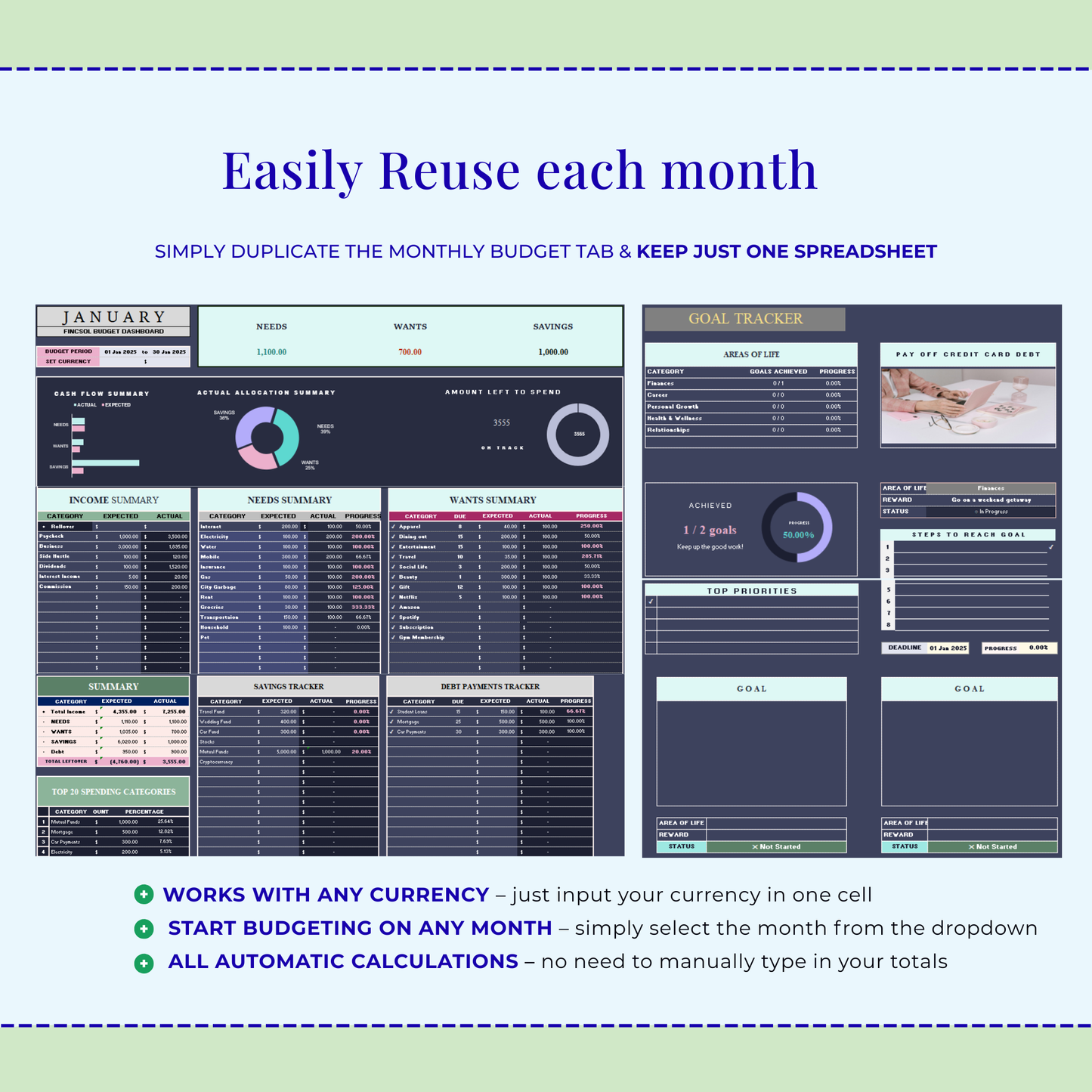 50/30/20 Budget Planner, Google Sheets & Excel Monthly Budget Spreadsheet, Paycheck Budget Template,Weekly Budget Tracker,70/20/10 Budgeting