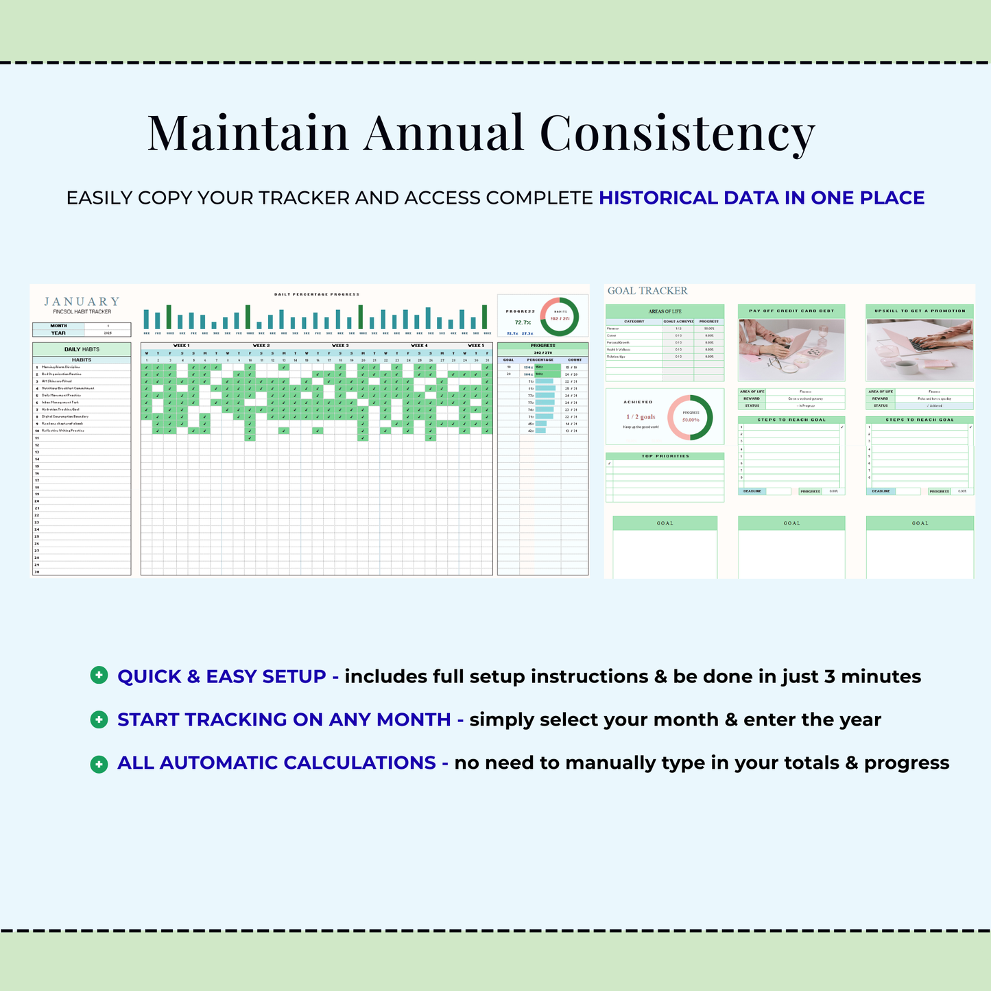 Habit Tracker Spreadsheet for Google Sheets & Excel, Daily Habit Planner, Weekly Goals, Monthly Routine
