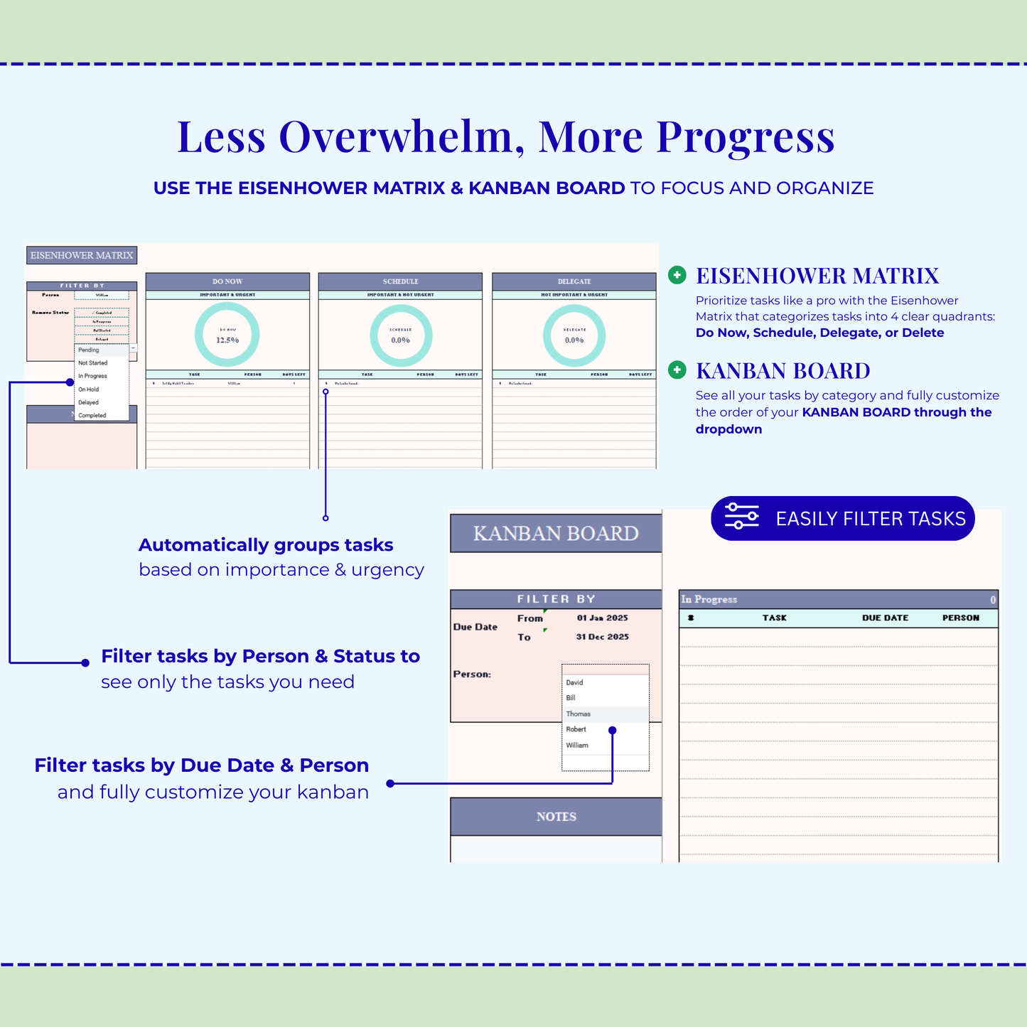 Excel Task Tracker Spreadsheet To Do List Google Sheets Daily Task Management Project Manager Eisenhower Matrix Kanban Board Light Mode
