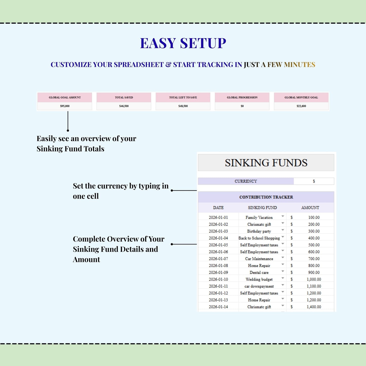 Sinking Funds Tracker Spreadsheet Excel Budget Template | Google Sheets Savings Tracker Personal Finance Planner | Cash Savings Spreadsheet