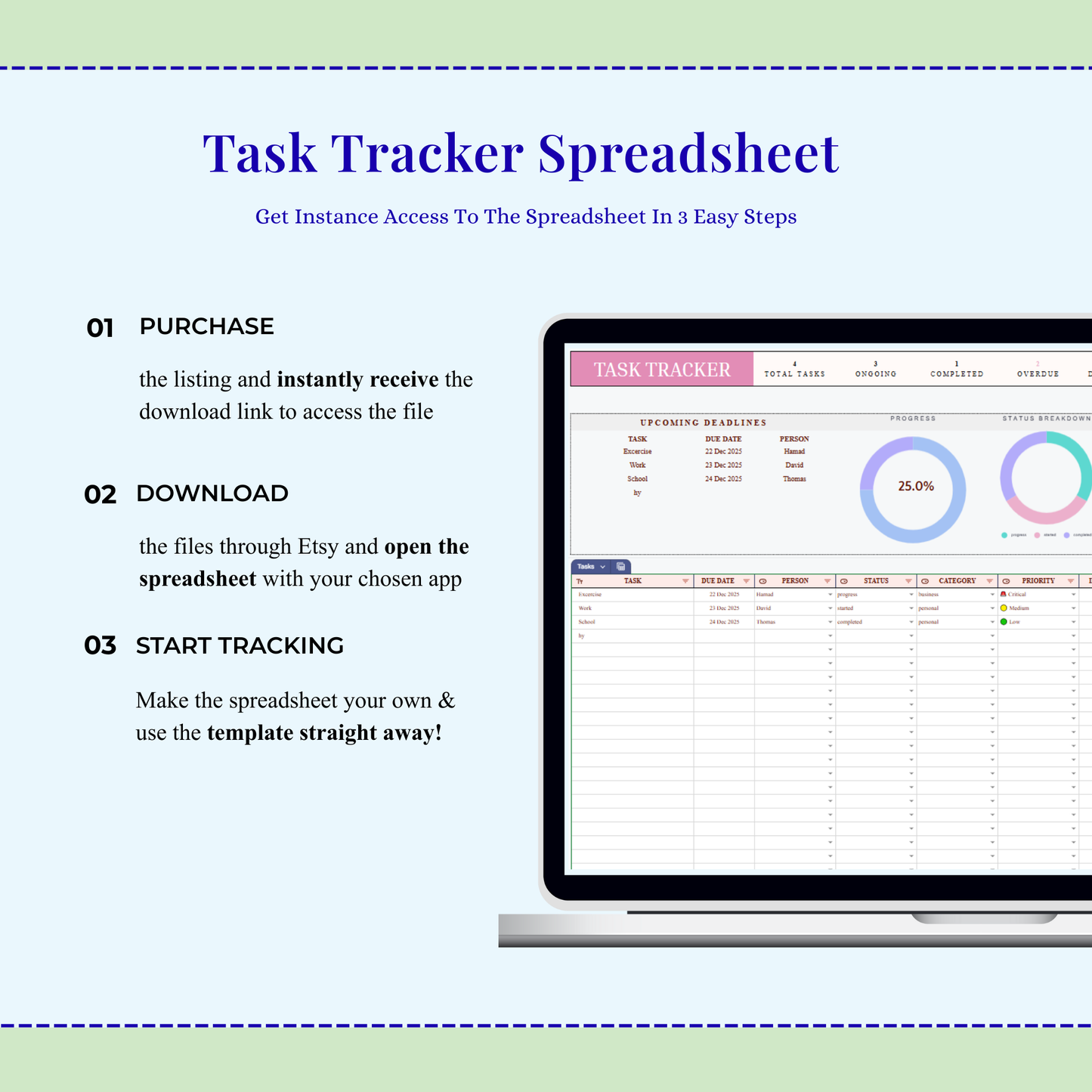 Task Tracker Excel & Google Sheets | Productivity Tracker | To Do List Task Manager | Small Business Work Planner Calendar Template