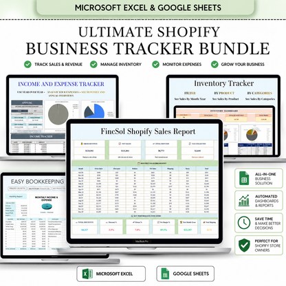 Ultimate Shopify Business Tracker Bundle | Shopify Sales Report, Inventory Tracker, Bookkeeping & Income Expense Spreadsheet