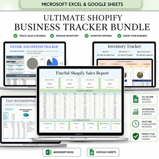 Ultimate Shopify Business Tracker Bundle | Shopify Sales Report, Inventory Tracker, Bookkeeping & Income Expense Spreadsheet